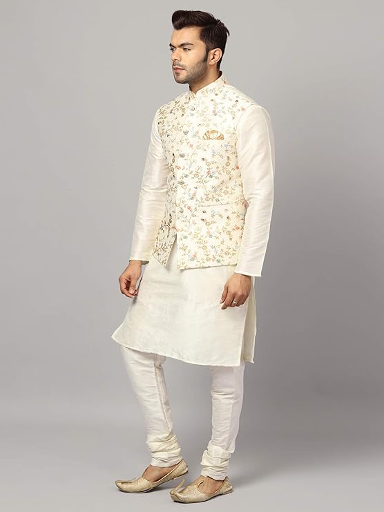 Uri and MacKenzie Men's Silk Blend Kurta Pyjama with Stylish Embroidered Ethnic Jacket