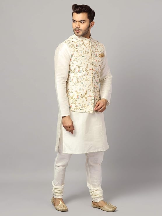 Uri and MacKenzie Men's Silk Blend Kurta Pyjama with Stylish Embroidered Ethnic Jacket
