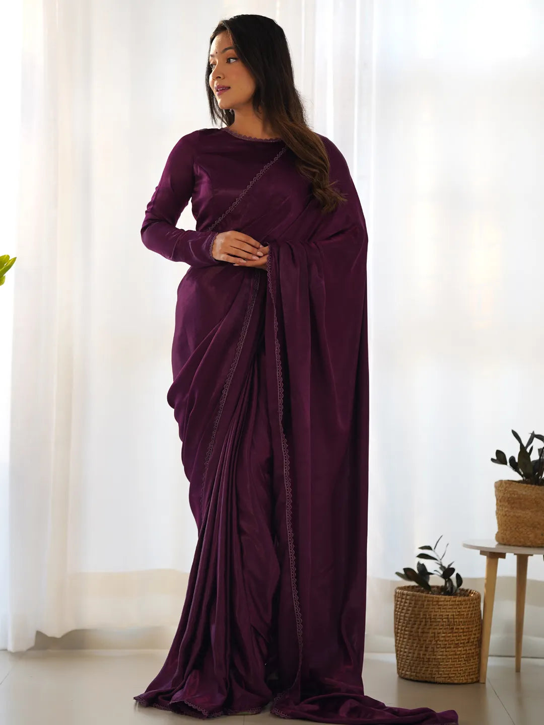 Image of Purple & Violet Velvet Wedding Readymade Saree with Lace Work from Lehera Fashions