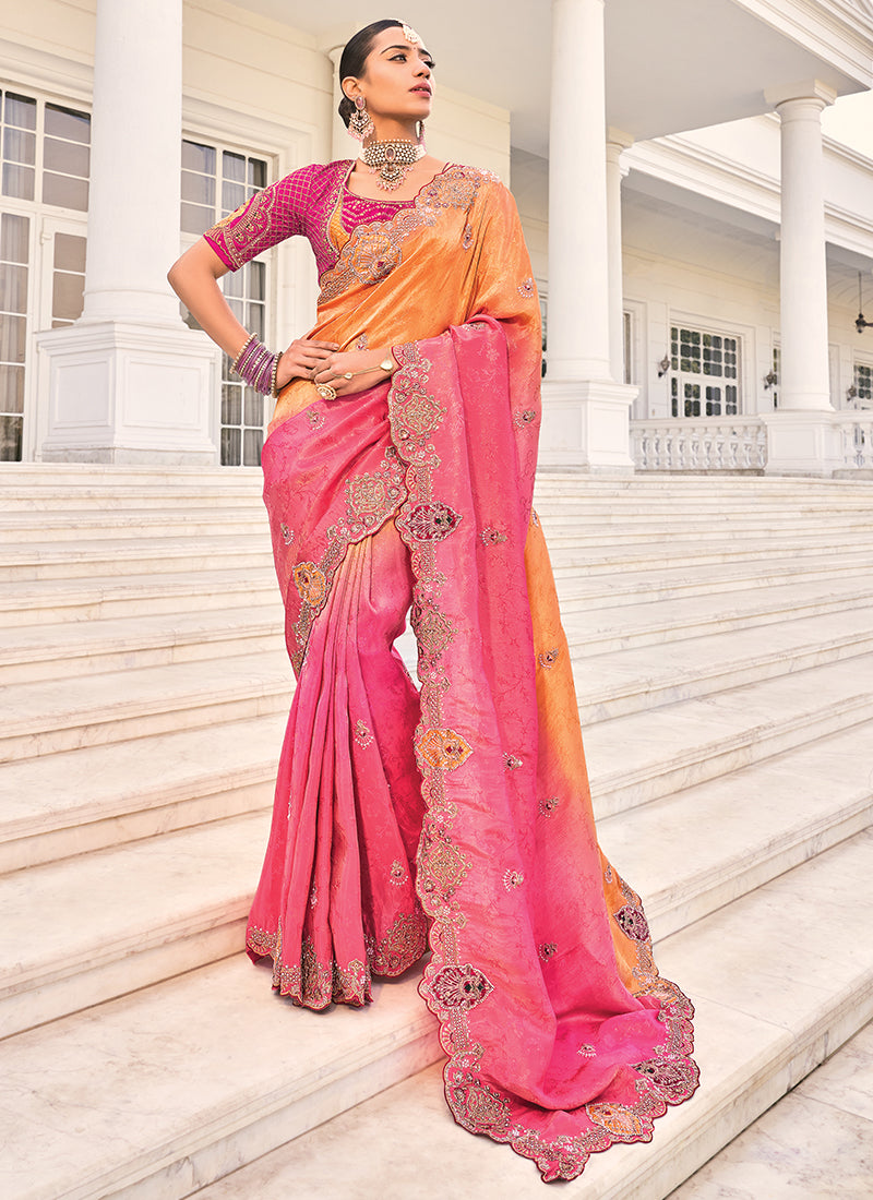 Image of Vibrant Orange Pure Crepe Cut Dana Work Wedding Saree from Lehera Fashions