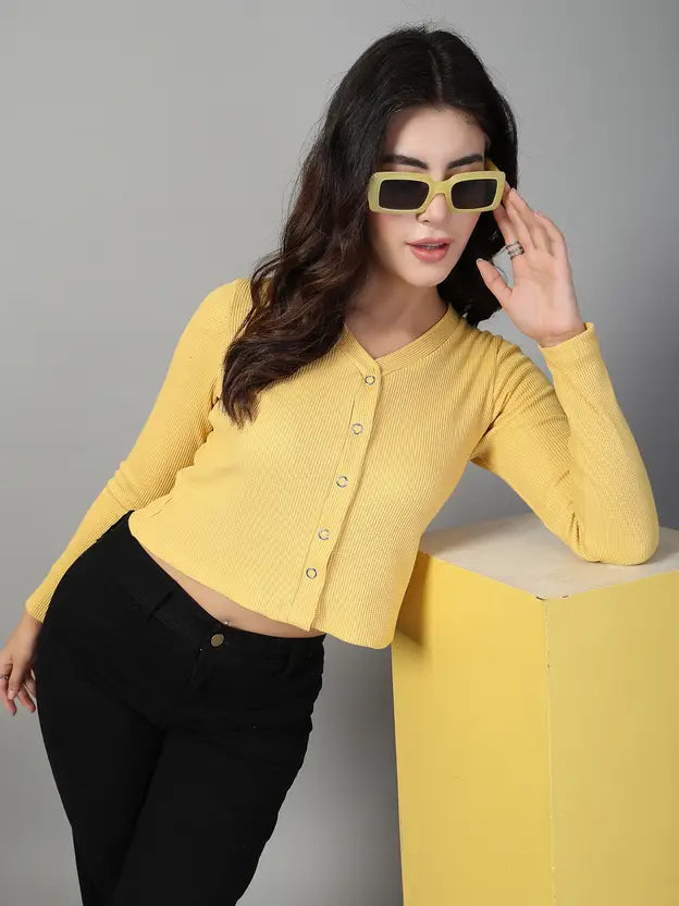 Vibrant Yellow Cotton Crop Top with Round Neck