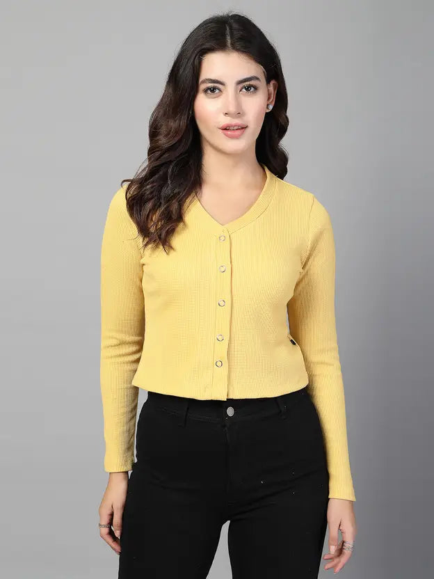 Vibrant Yellow Cotton Crop Top with Round Neck
