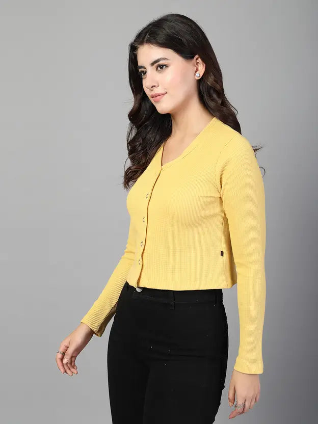 Vibrant Yellow Cotton Crop Top with Round Neck