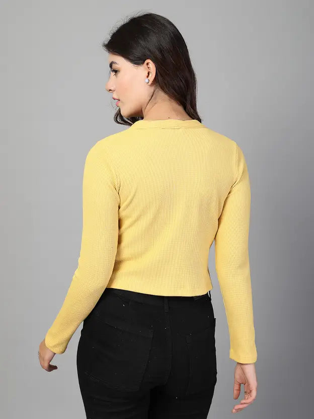 Vibrant Yellow Cotton Crop Top with Round Neck