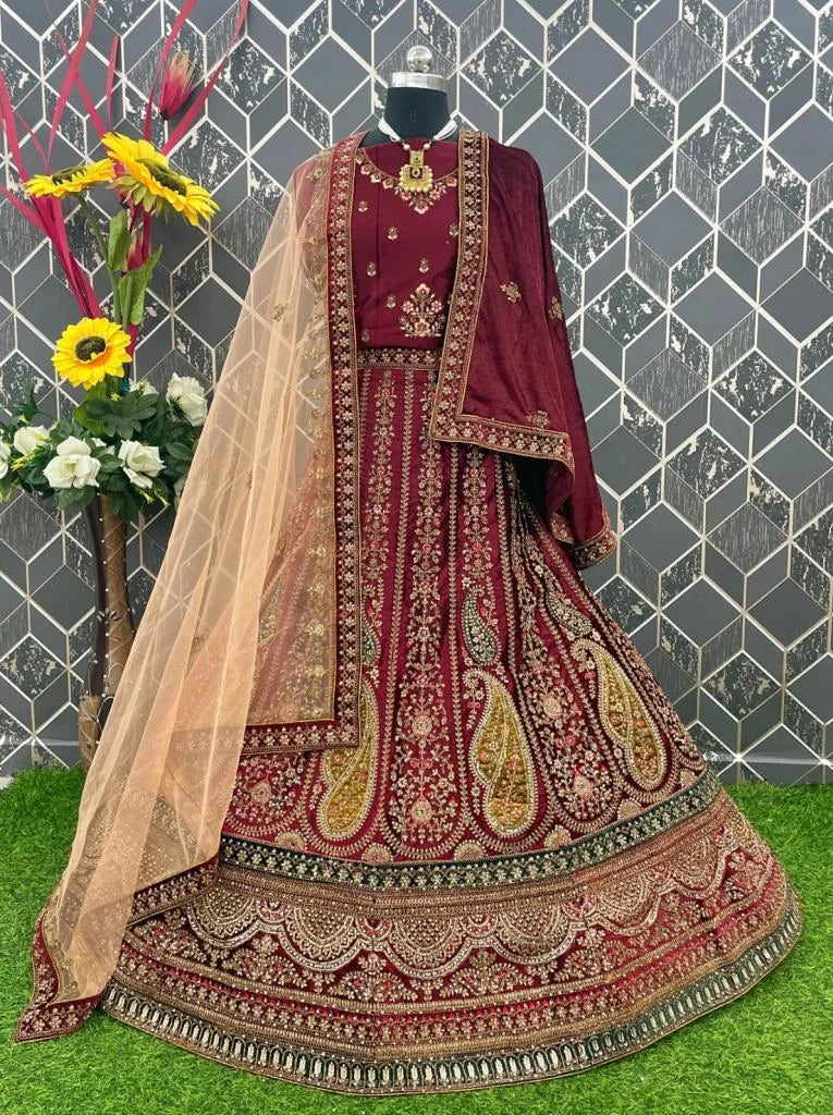 Image of Wedding Sequence Work Maroon Velvet Lehenga Choli with Dupatta from Lehera Fashions