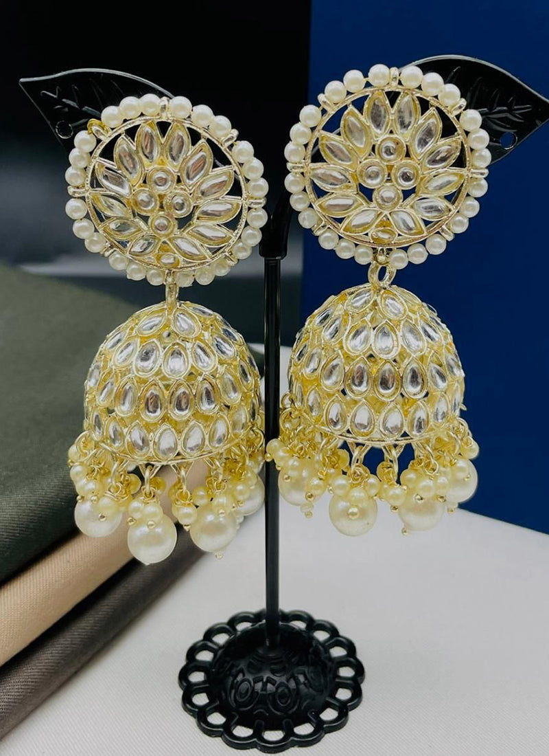 Image of Royal Golden Kundan Pearl Jhumka Earrings from Lehera Fashions