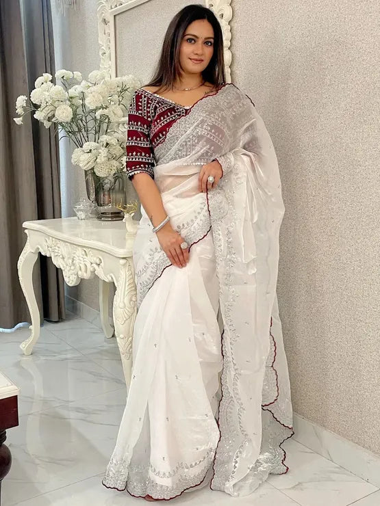 Image of White & Off-White Silk Reception Readymade Saree with Embroidery & Sequin Work from Lehera Fashions