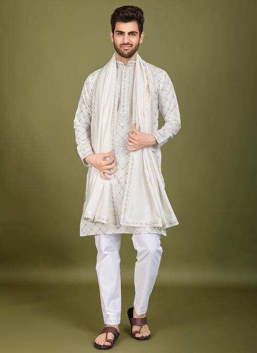 Image of White Viscose Silk Embroidery Work Festival Wear Readymade Kurta Pajama from Lehera Fashions
