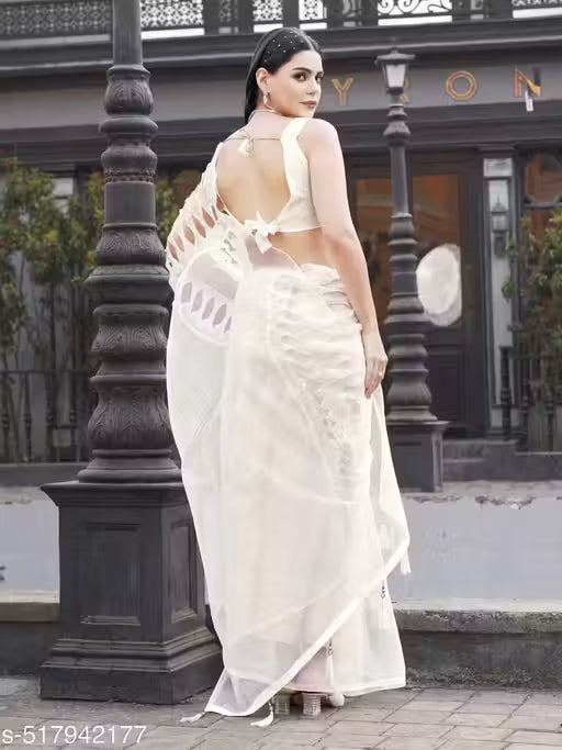 White Designer Organza Saree with Cutwork