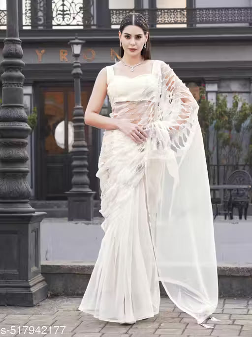 White Designer Organza Saree with Cutwork