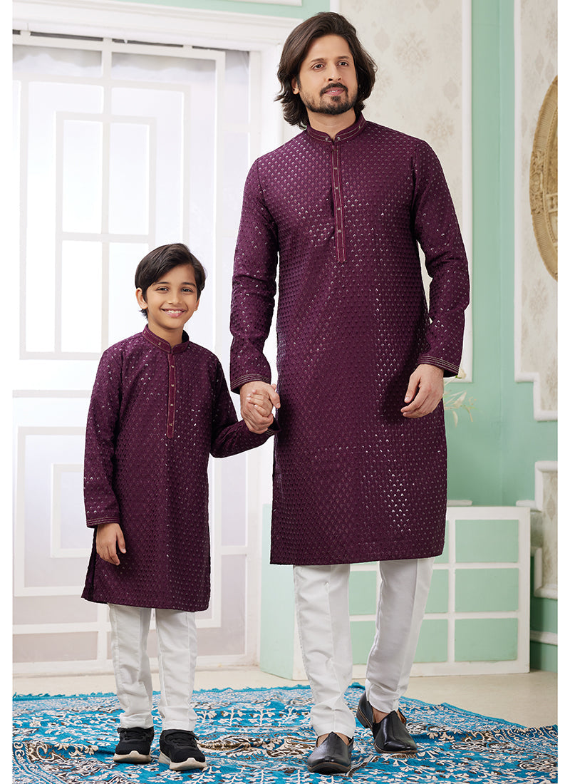 Image of Wine Art Silk Father-Son Kurta Set – Festival Wear with Thread Work | Leherafashions NZ from Lehera Fashions