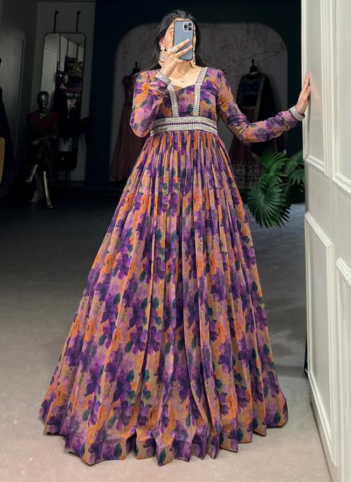 Image of Wine Georgette Printed Ceremonial Wear Readymade Gown from Lehera Fashions