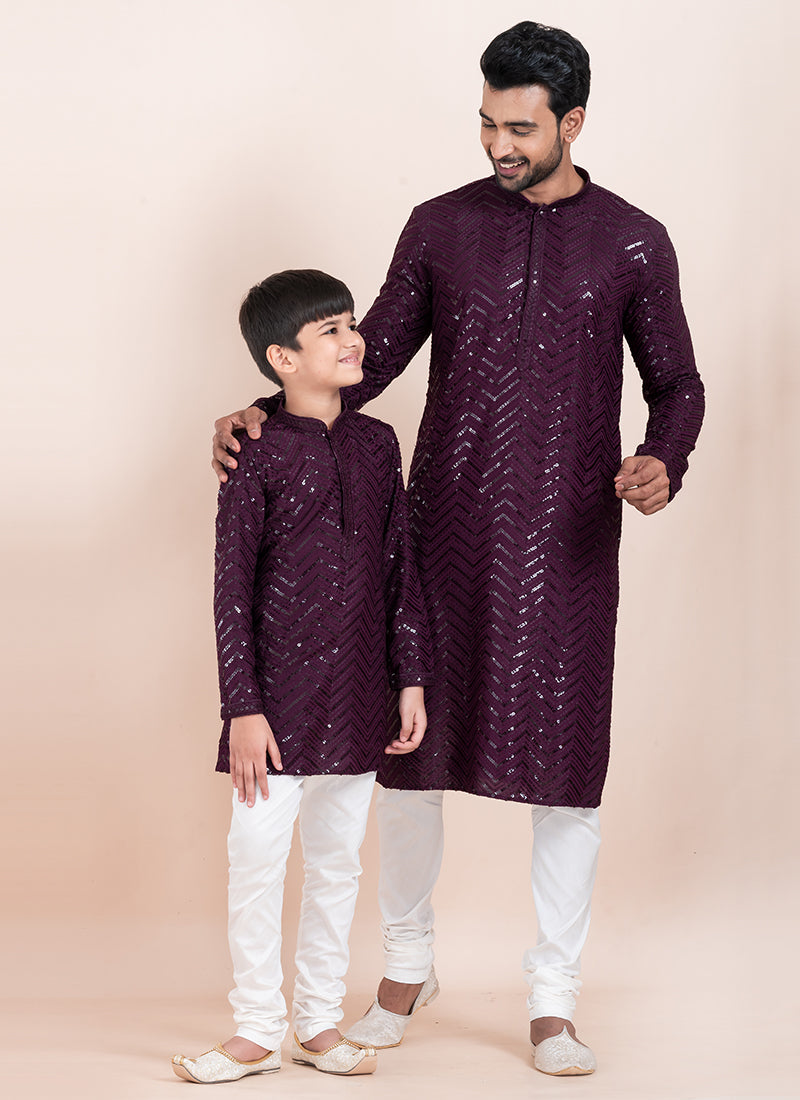 Image of Wine Viscose Rayon Father-Son Combo Set – Eid Wear with Sequins Work | Leherafashions NZ from Lehera Fashions