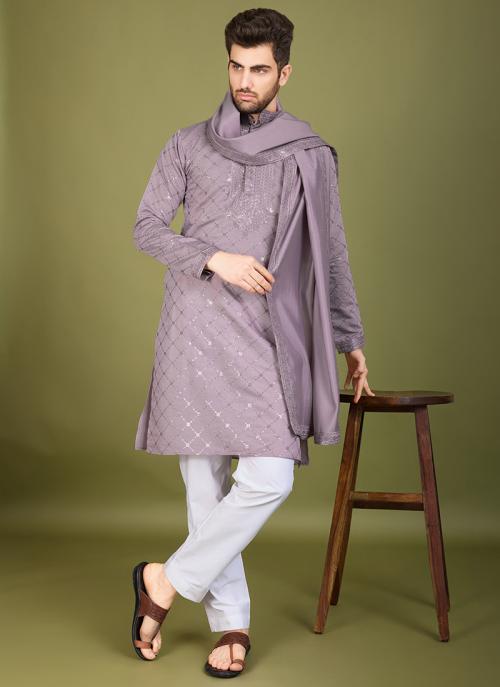 Image of Wine Viscose Silk Embroidery Work Festival Wear Readymade Kurta Pajama from Lehera Fashions