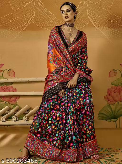 Women's Pure Jamewar Kashmiri Modal Handloom Weaving Work Saree - Black Multi Color