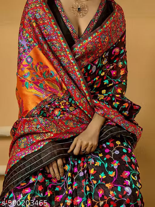 Women's Pure Jamewar Kashmiri Modal Handloom Weaving Work Saree - Black Multi Color