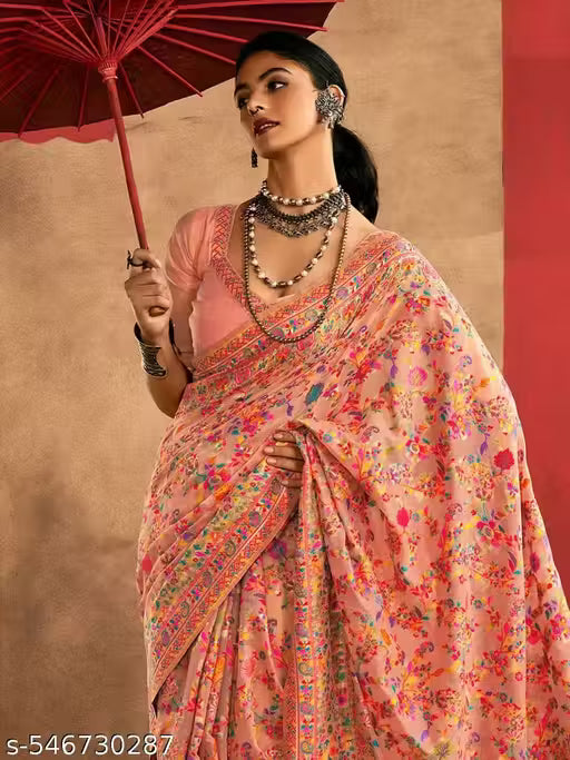 Women's Pure Jamewar Kashmiri Modal Handloom Weaving Work Saree - Peach