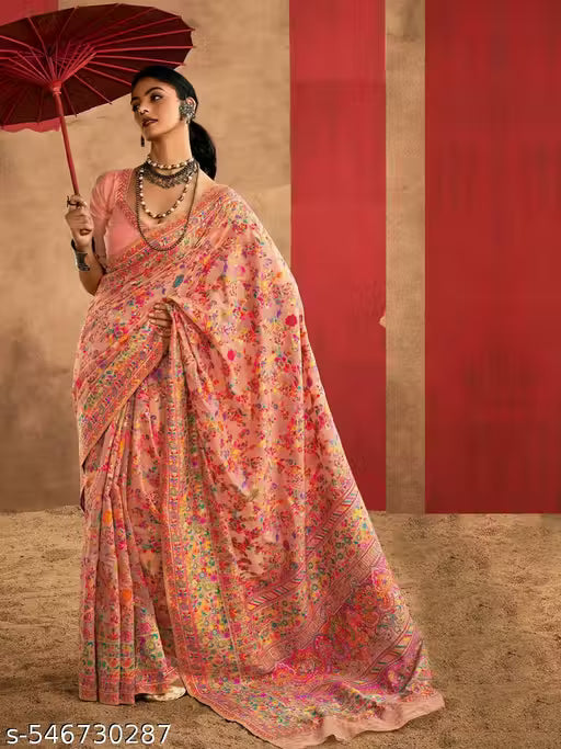 Women's Pure Jamewar Kashmiri Modal Handloom Weaving Work Saree - Peach