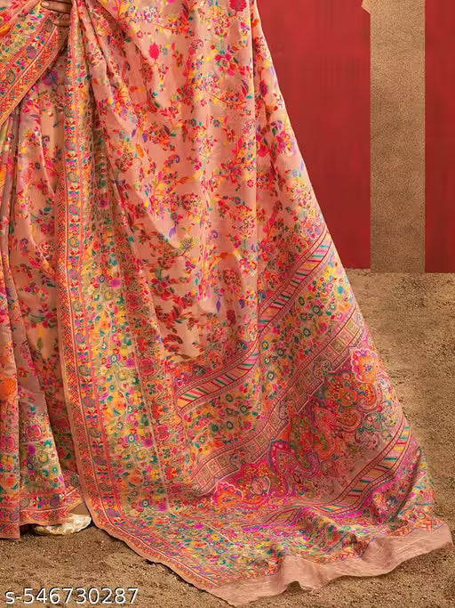 Women's Pure Jamewar Kashmiri Modal Handloom Weaving Work Saree - Peach