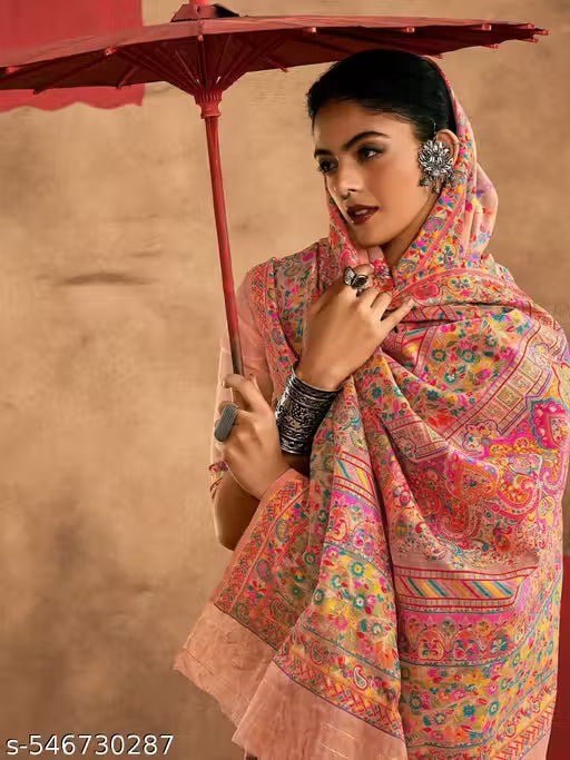 Women's Pure Jamewar Kashmiri Modal Handloom Weaving Work Saree - Peach
