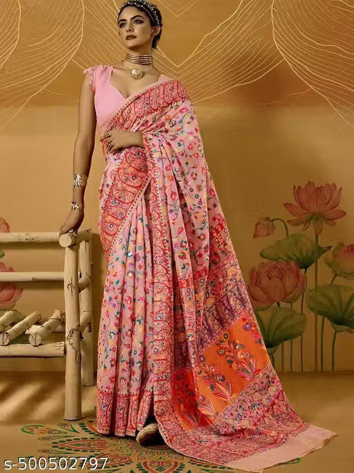 Women's Pure Jamewar Kashmiri Modal Handloom Weaving Work Saree - Pink