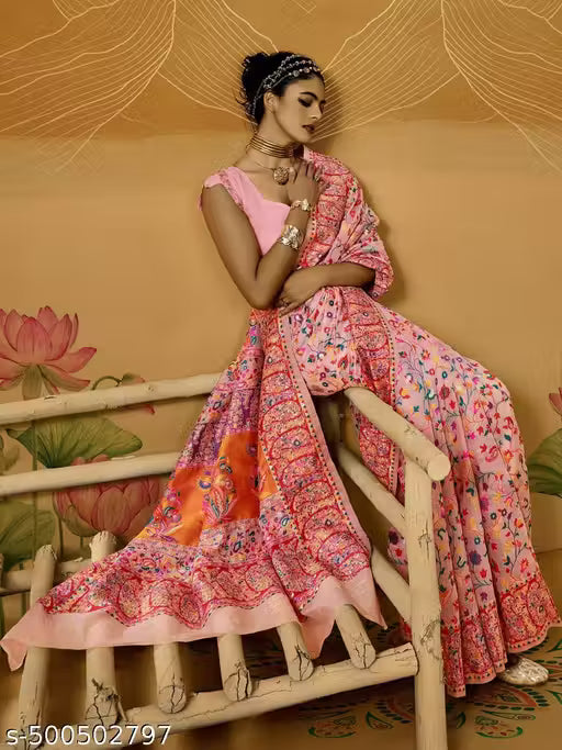 Women's Pure Jamewar Kashmiri Modal Handloom Weaving Work Saree - Pink