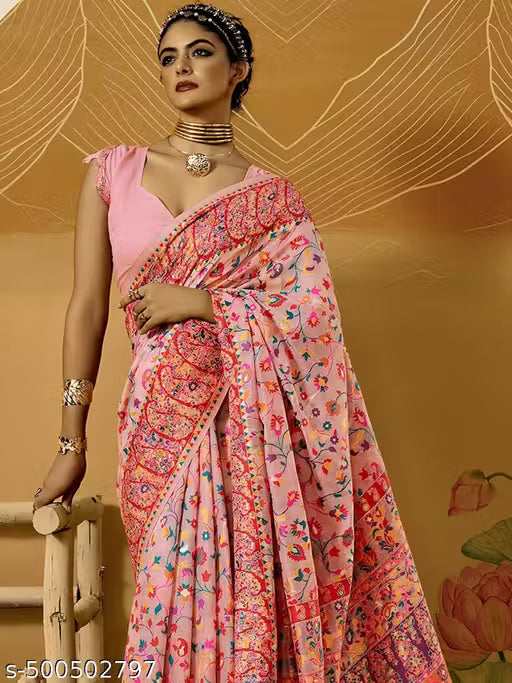 Women's Pure Jamewar Kashmiri Modal Handloom Weaving Work Saree - Pink