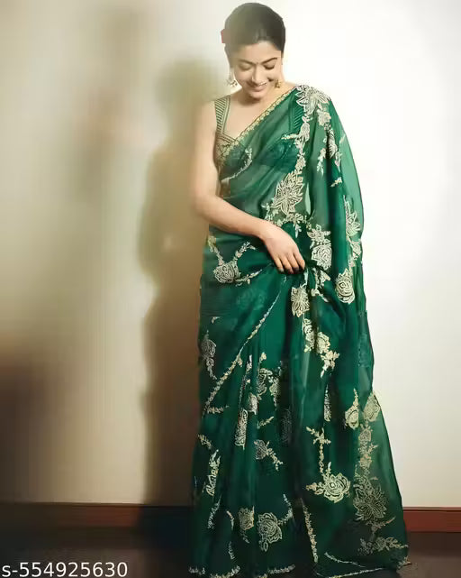 Women's Bollywood-style Organza Sequin Saree (Green)
