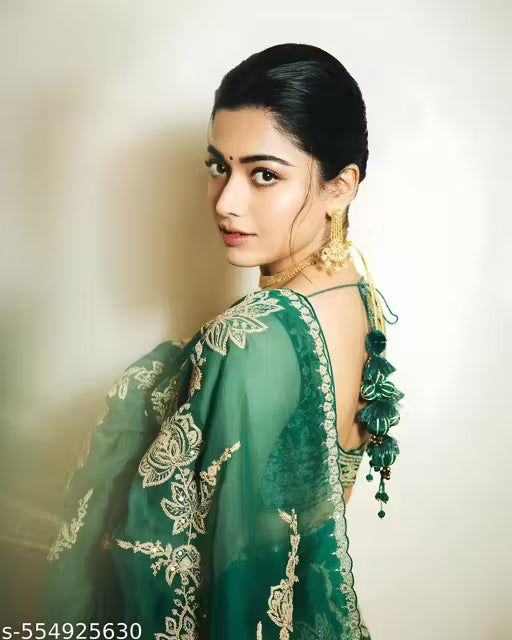 Women's Bollywood-style Organza Sequin Saree (Green)
