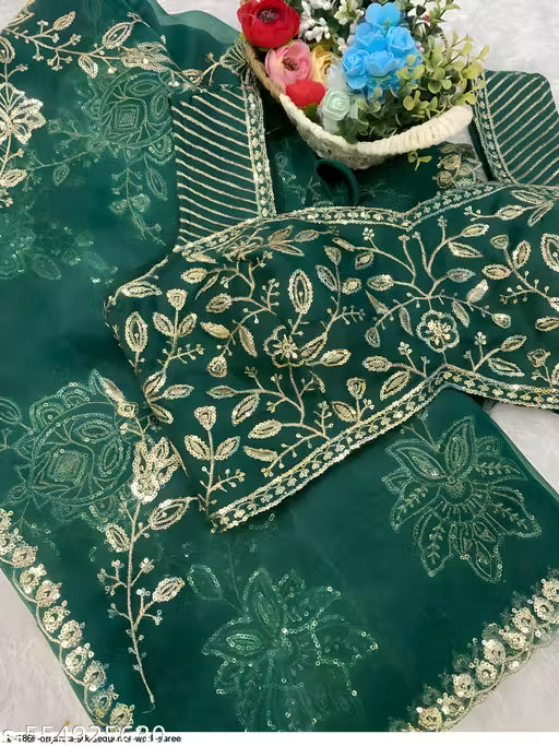 Women's Bollywood-style Organza Sequin Saree (Green)