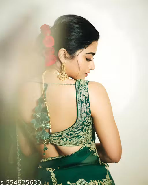 Women's Bollywood-style Organza Sequin Saree (Green)