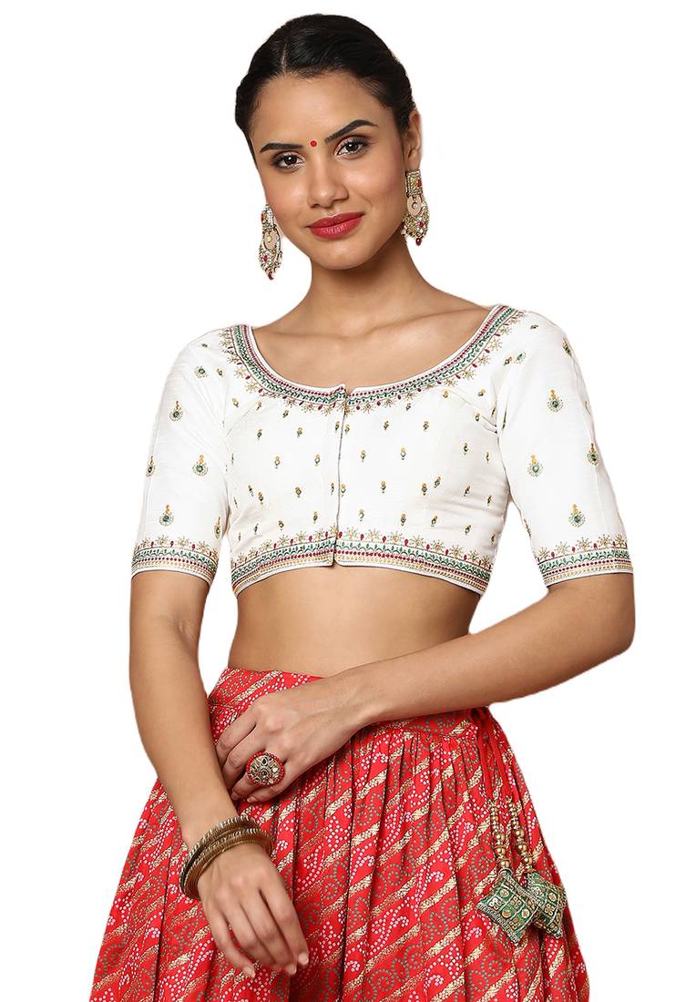 Image of Women's White Silk Blend Readymade Saree Blouse from Lehera Fashions