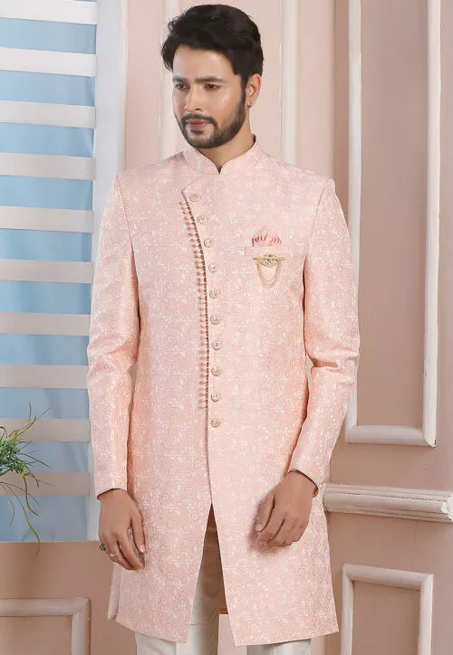 Image of Woven Art Silk Jacquard Sherwani in Pink from Lehera Fashions