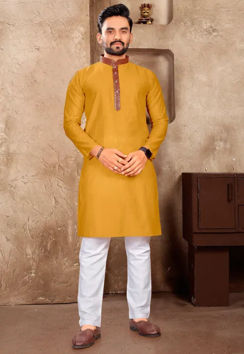Image of Woven Trims Linen Silk Kurta Set in Red from Lehera Fashions
