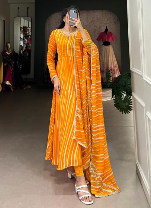 Image of Yellow Georgette Leheriya Print Casual Wear Readymade Gown With Dupatta from Lehera Fashions