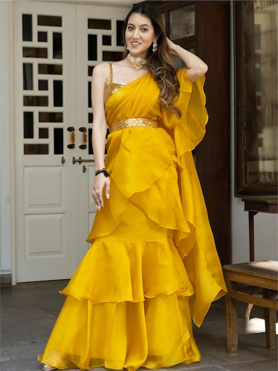 Image of Yellow Organza Silk Traditional Readymade Saree with Sequin Work from Lehera Fashions