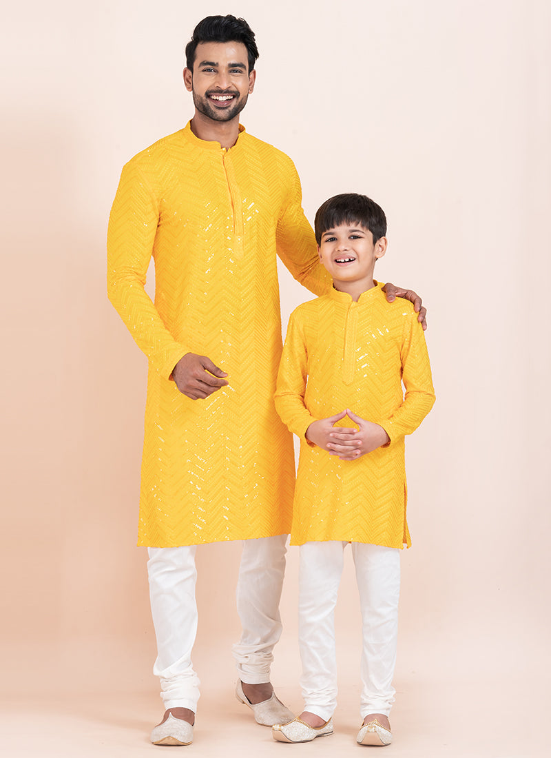 Image of Yellow Viscose Rayon Father-Son Combo Set – Eid Wear with Sequins Work | Leherafashions NZ from Lehera Fashions
