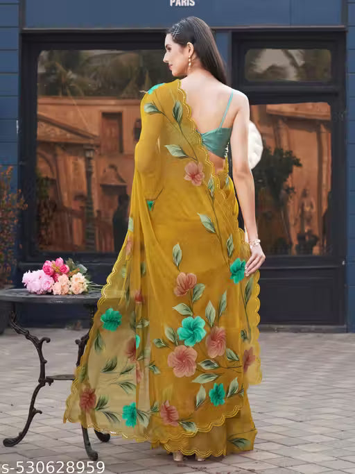 Yellow Designer Floral Hand Print Saree
