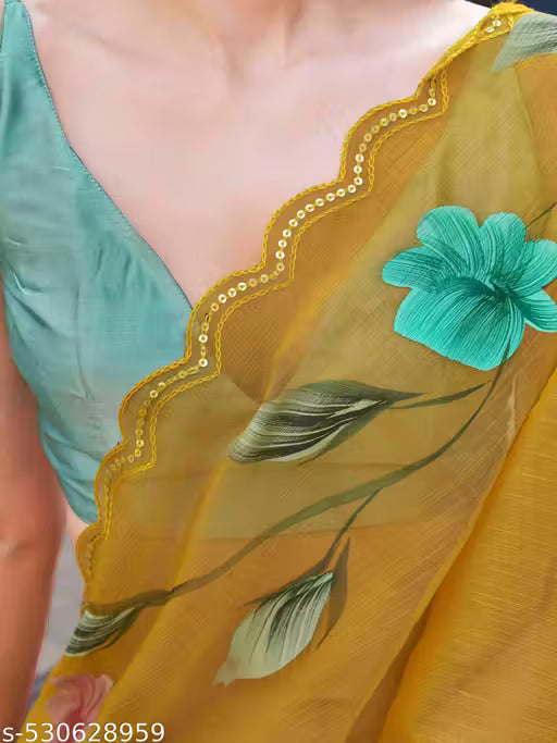 Yellow Designer Floral Hand Print Saree