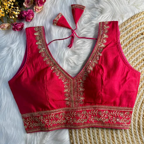 Zari Embroidered Soft Silk Blouse with Elbow Sleeves