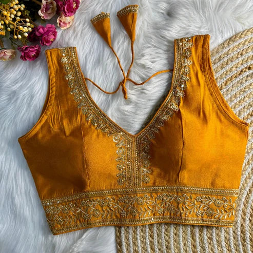 Zari Embroidered Soft Silk Blouse with Elbow Sleeves
