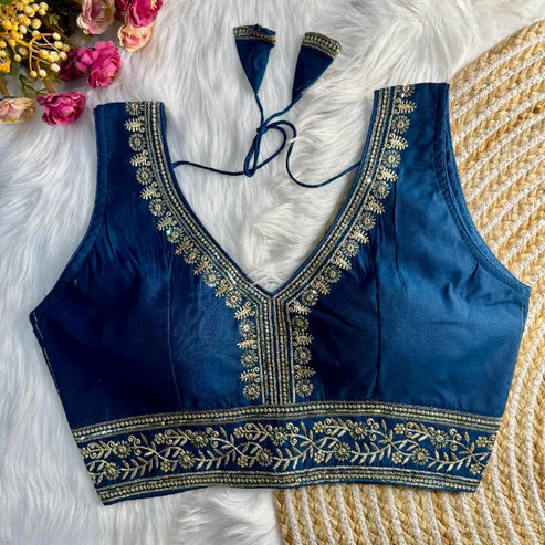 Zari Embroidered Soft Silk Blouse with Elbow Sleeves