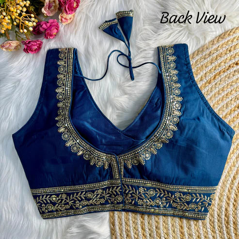 Zari Embroidered Soft Silk Blouse with Elbow Sleeves