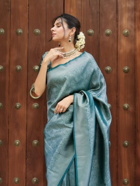 Aqua Mist Banarasi Soft Silk Saree