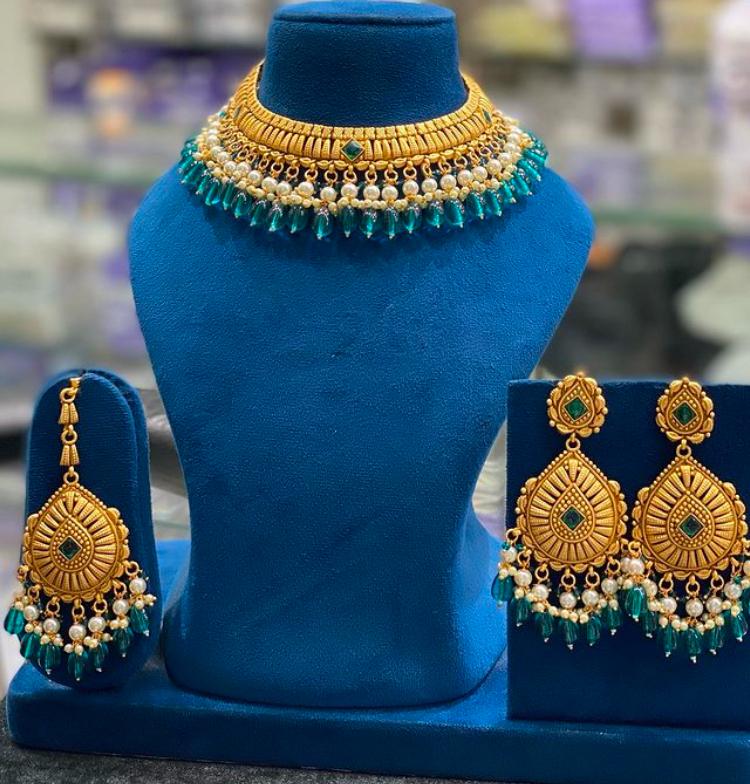 Image of Stunning Gold-Plated Polki Necklace, Earrings, and Tikka from Lehera Fashions
