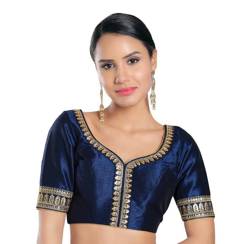 Image of Women's Navy Blue Mulberry Silk Readymade Saree Blouse from Lehera Fashions
