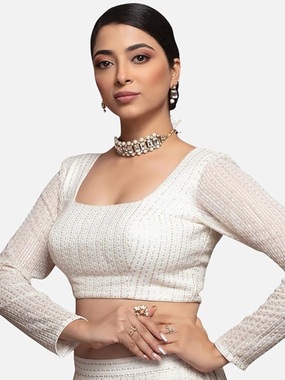 Neckbook Women's Georgette Square Neck Long Sleeve Sequinned Readymade Saree Blouse
