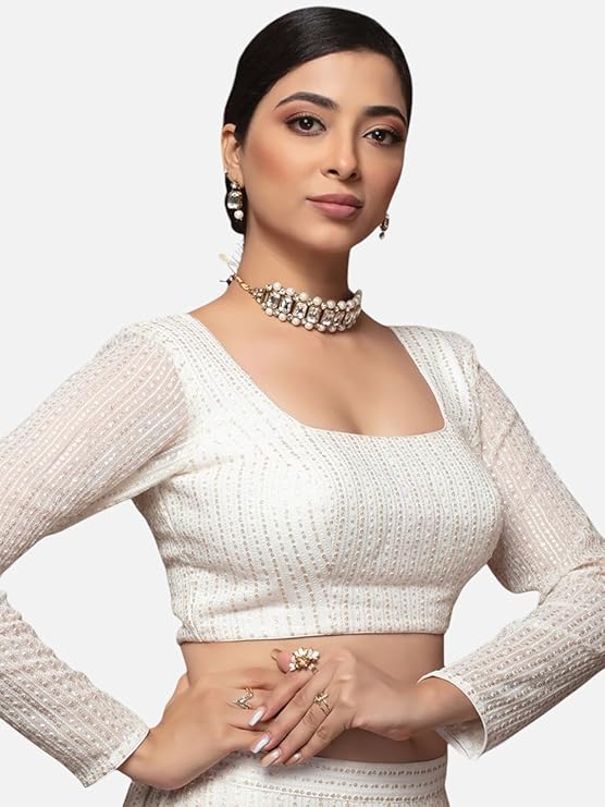 Neckbook Women's Georgette Square Neck Long Sleeve Sequinned Readymade Saree Blouse