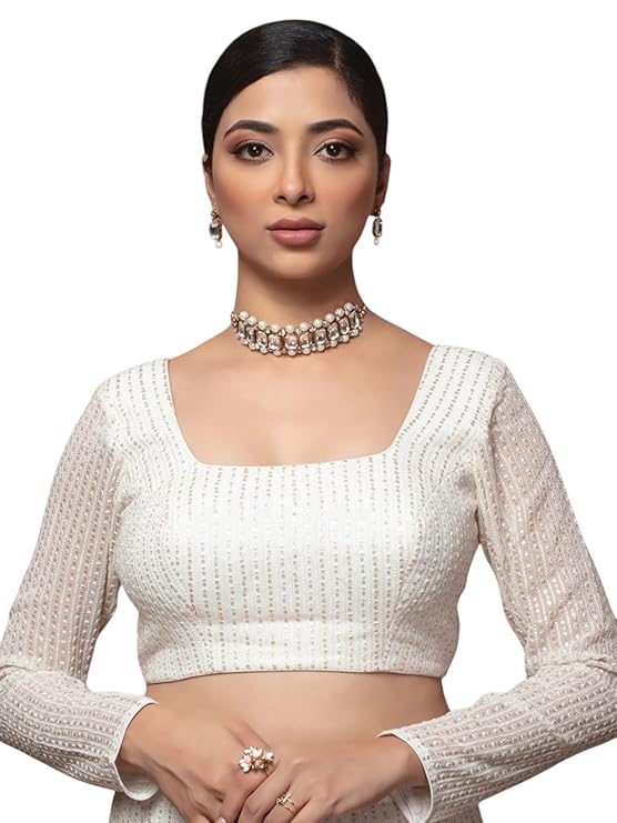 Image of Neckbook Women's Georgette Square Neck Long Sleeve Sequinned Readymade Saree Blouse from Lehera Fashions