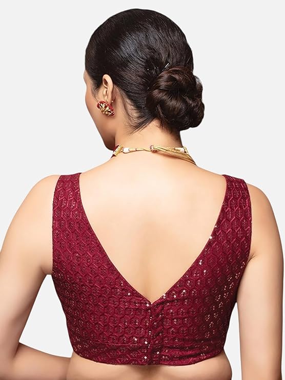 Neckbook Silk Sequin Embellished V-Neck Sleeveless Blouse